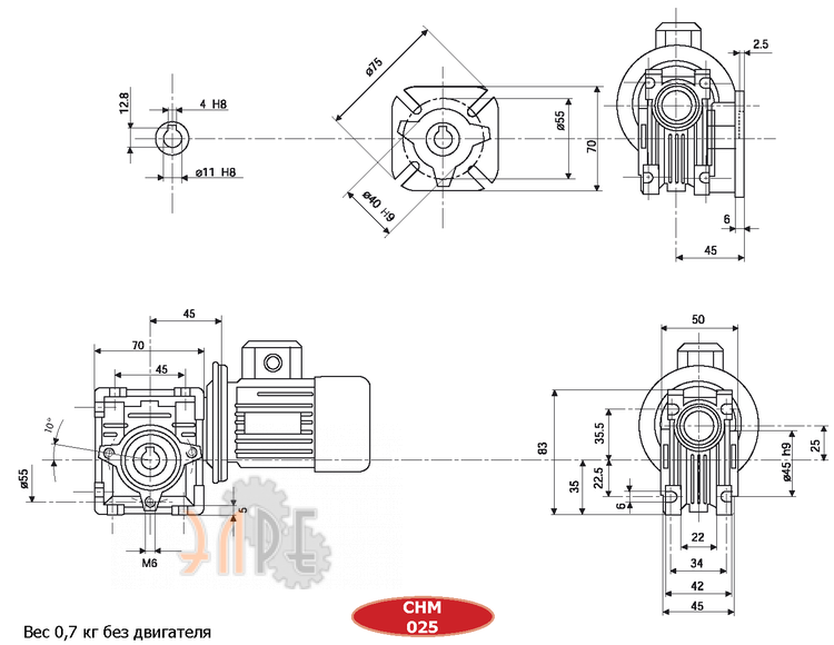 Габаритные размеры Редуктор Chiaravalli CHM-25 